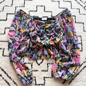 Floral Off-Shoulder Long-Sleeve Crop Top - Black Multi Pink Lily